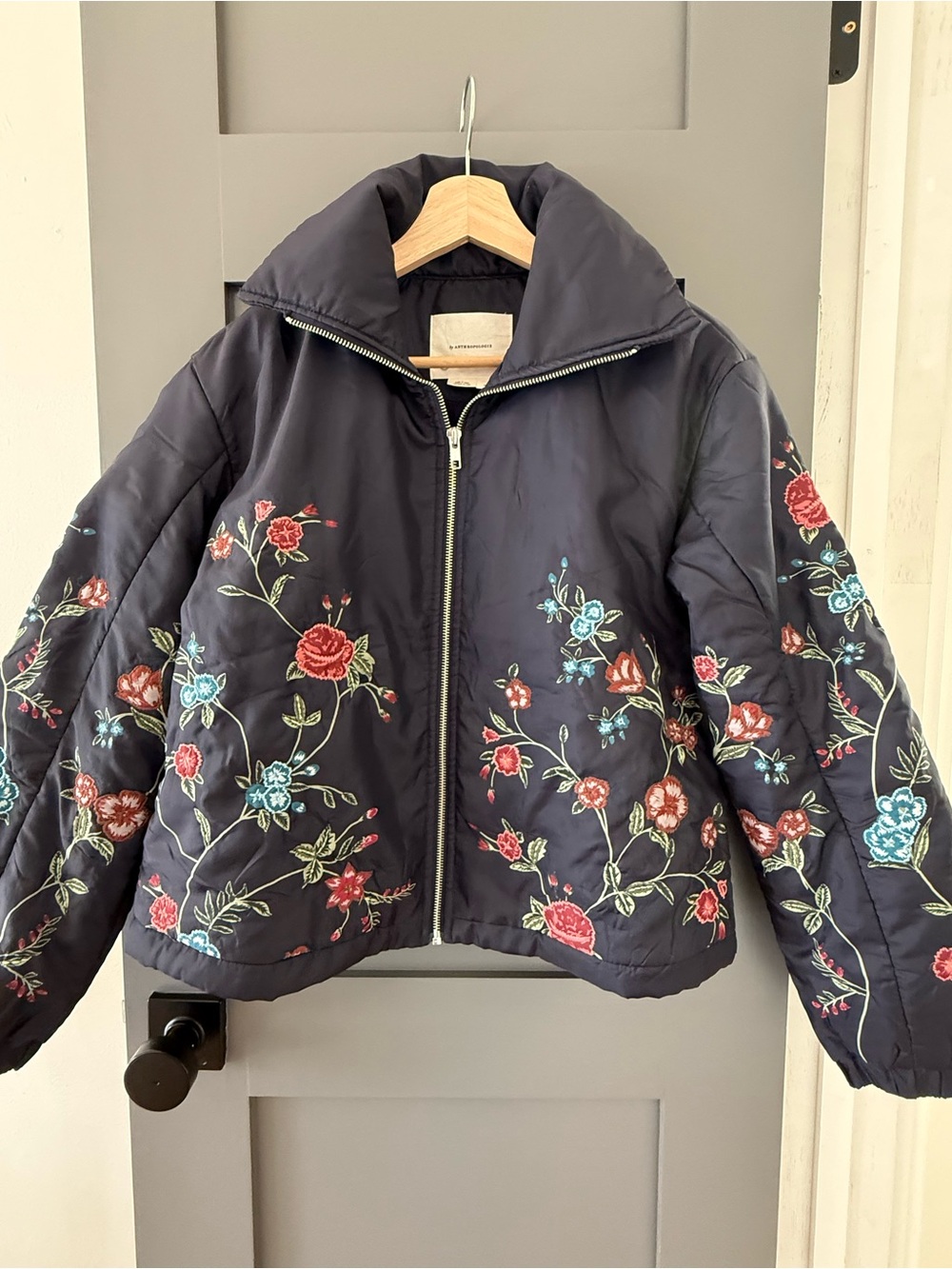 Anthropologie Embroidered Floral Puffer Jacket - Navy